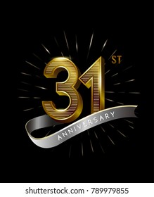 31st Anniversary fireworks and ahiny ribbon. gold anniversary logo on black background