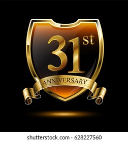 31st anniversary logo with golden shield and ribbon. Vector illustration celebration template