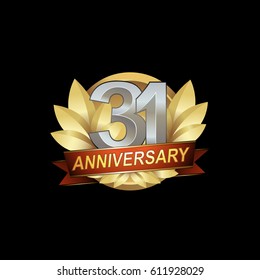 31st Anniversary logo with golden wreath, silver number, red ribbon, black background