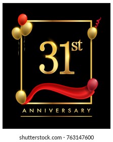 31st anniversary logo with red ribbon  and confetti golden colored isolated on elegant background, vector design for greeting card and invitation card