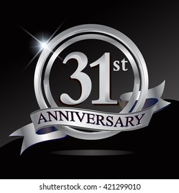 31st anniversary logo with silver ring and ribbon. Vector design template elements for your birthday celebration.