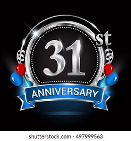 31st anniversary logo with silver ring,balloons and blue ribbon. Vector design template elements for your birthday celebration.