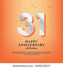 31st anniversary vector template with a white number and confetti spread on an orange background