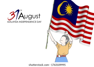 31st August, Happy Independence Day with people carrying Malaysia flag in white background. Malaysia Independence Day celebrations