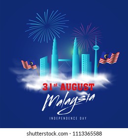 31 de agosto, Afiche de la celebración del Día de la Independencia o diseño de pancartas con banderas malasias y lustrosas torres gemelas Petronas, fuegos artificiales con fondo azul.  