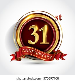 31st golden anniversary logo, thirty one years birthday celebration with ring and red ribbon isolated on white background