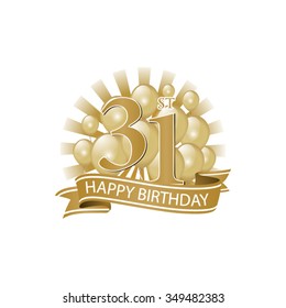 31st golden happy birthday logo with balloons and burst of light