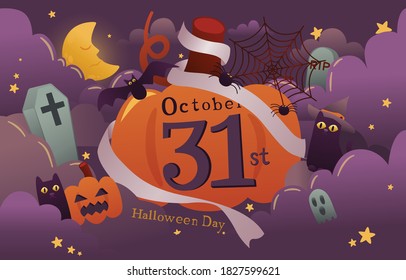 31st October Halloween Night With Moon And Stars in The Cloud With Jack O Lantern, Black Cat, Grave and Spider, Vector, Illustration