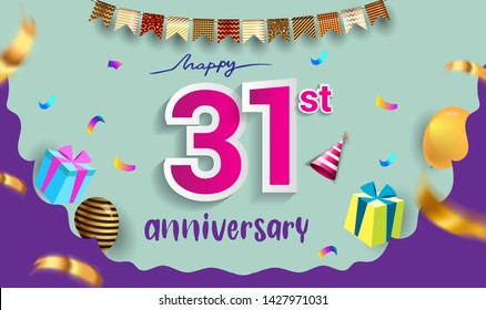 31st Years Anniversary Celebration Design, with gift box and balloons, ribbon, Colorful Vector template elements for your birthday celebrating party.
