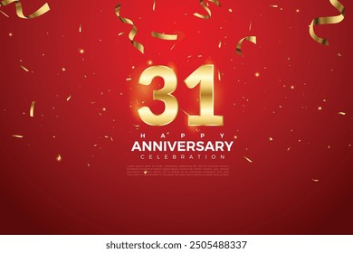 31th Anniversary celebration, 31 Anniversary celebration On Red background for celebration event, festive illustration, Golden number 31 sparkling confetti, 31,32
