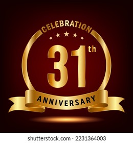 31th Anniversary Celebration. Anniversary Celebration Logo Design with Golden Ring and Ribbon, Vector Template Illustration