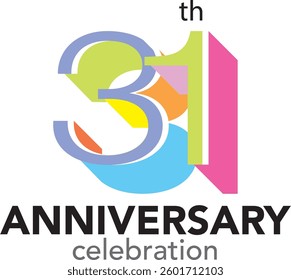 31th Anniversary Celebration various color numbers with at the bottom is the word anniversary celebration in black color.