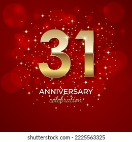 31th Anniversary. Golden number 31 with sparkling confetti and glitters for celebration events, weddings, invitations and greeting cards. Realistic 3d sign. Vector festive illustration.