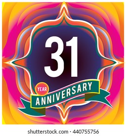 31th anniversary logo with colorful badge and frame. Anniversary signs illustration. Vibrant colors anniversary logo with stylish background