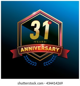 31th anniversary logo with gold ring and red ribbon. Anniversary signs illustration. Gold anniversary logo design and illustration