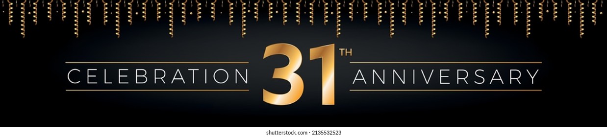 31th anniversary. Thirty-one years birthday celebration horizontal banner with bright golden color.