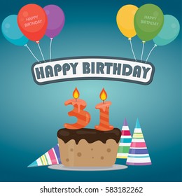 31th Birthday cake and decoration background in flat design with balloons and candles