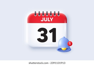 31th day of the month icon. Calendar date 3d icon. Event schedule date. Meeting appointment time. 31th day of July month. Calendar event reminder date. Vector