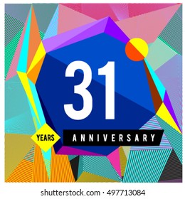31th years greeting card anniversary with colorful number and frame. logo and icon with Memphis style cover and design template