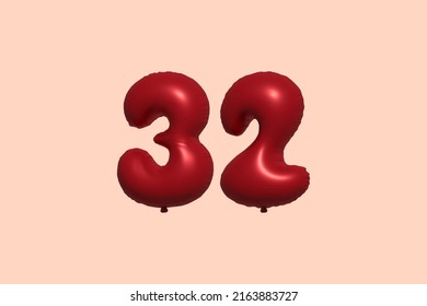 32 globo 3d número hecho de renderización 3d de globo metálico realista. Globos 3D de helio rojo para la venta decoración Fiesta Cumpleaños, Celebración de Aniversario, Fiesta de la Boda. Ilustración del vector