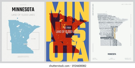 32 of 50 sets, US State Posters with name and Information in 3 Design Styles, Detailed vector art print Minnesota map