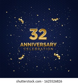 32 Anniversary celebration with gold number and ribbon on the abstract blue background. abstract background template. 