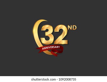 32 anniversary design logotype golden color with ring and red ribbon for celebration