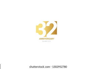 32 anniversary, minimalist logo. Tenth years, 34th jubilee, greeting card. Birthday invitation. 32 year sign. Gold space vector illustration on white background - Vector