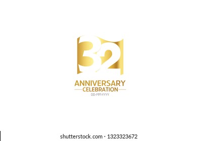 32 anniversary, minimalist logo years, jubilee, greeting card. Birthday invitation.Sign Flag Gold space vector illustration on white background - Vector