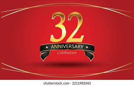 32 Anniversary with red background. 32nd Golden anniversary banner. red anniversary celebration. Golden anniversary with ribbon