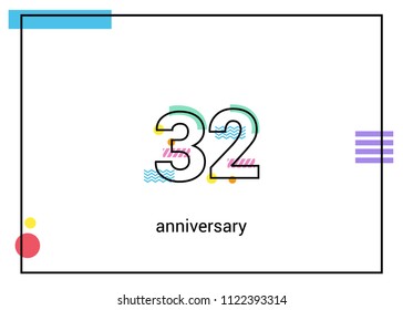 32 Anniversary simple black line with memphis ornaments isolated on white background