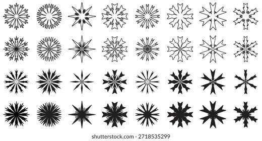 32 hermosos diseños imaginativos del doodle del copo de nieve, aislados en el fondo blanco. Vector