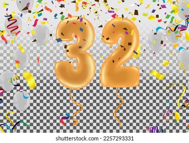 32 birthday Happy birthday, congratulations poster. Balloons numbers with sparkling confetti ribbon, glitter bright
