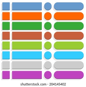 32 blank icon in flat style 3D button square, rectangle, circle shapes with gray shadow on white background. Blue, orange, green, brown, cyan, gray, purple, violet colors. Vector illustration in 8 eps