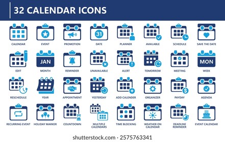 32 calendar solid icons collection