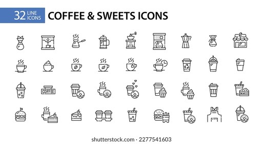 32 coffee, sweets and coffee shop equipment icons. Pixel perfect, editable stroke design