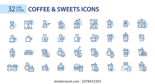 32 coffee, sweets and coffee shop equipment icons. Pixel perfect, editable stroke design