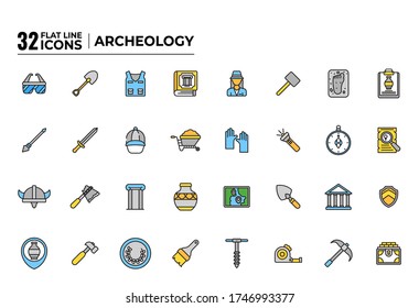 32 Colorful Archaeology Icon Set on White Background.