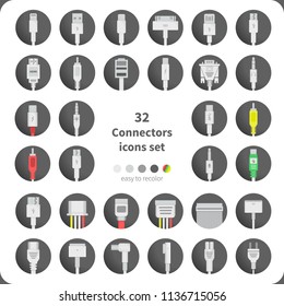  32 Connectors icons set. Large pack of stylized plugs for computer Technics. Universal color style, easy to recolor