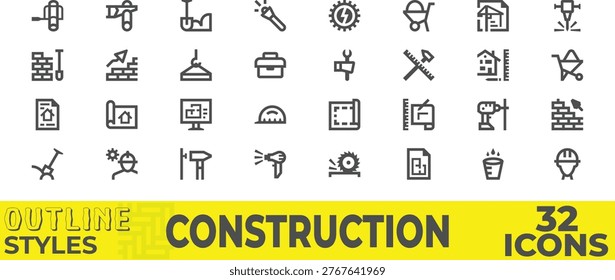 32 Construction and Architecture Outline Icon Pack with Building Tools and Blueprint Illustrations