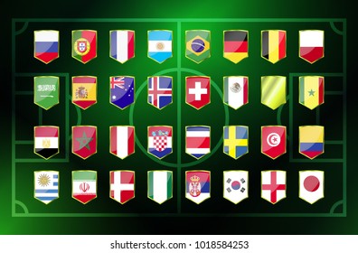 32 country flag with golden bandge on green light background at football field,vector eps 10