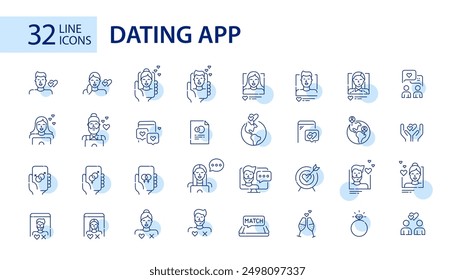 32 Dating app user profiles and interactions icons. Finding match, romantic attraction and long-term relationships