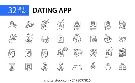 32 Dating app user profiles and interactions icons. Finding match, romantic attraction and long-term relationships