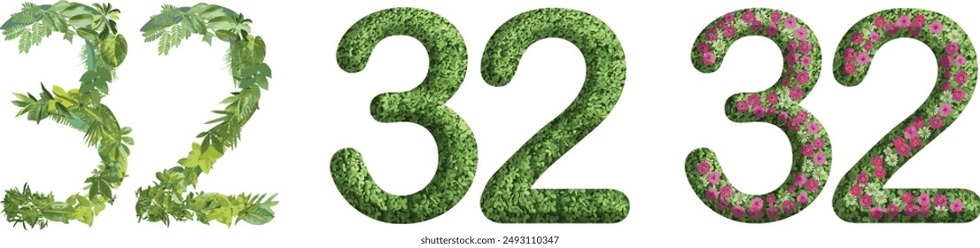 32, design made from green grass, leaves and flower, .suitable for birthday, anniversary and memorial day templates, go green concept	
