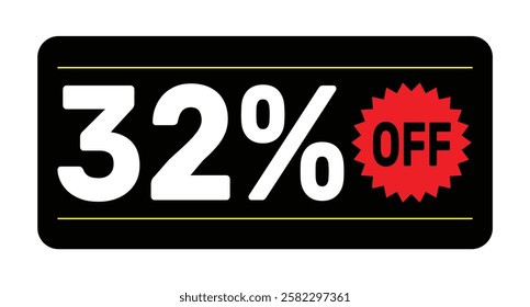 32% discount tag icon vector Black, white and rad design rectangular shape