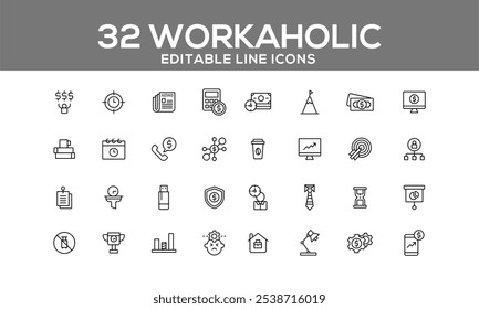 32 Editable Line Icons for Workaholic Themes: Productivity, Business, and Finance Symbols