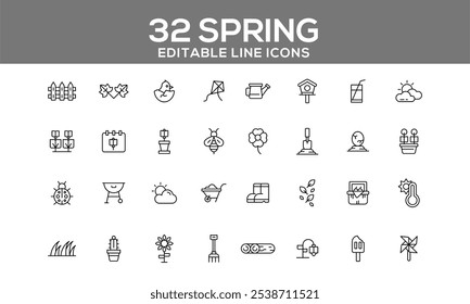 32 Editable Spring Line Icons for Gardening, Nature, and Seasonal Outdoor Activities