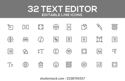 32 Ícones de linha editáveis do editor de texto para ferramentas de escrita, formatação e gerenciamento de documentos