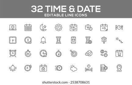 32 Editable Time and Date Line Icons for Scheduling, Reminders, and Calendar Management