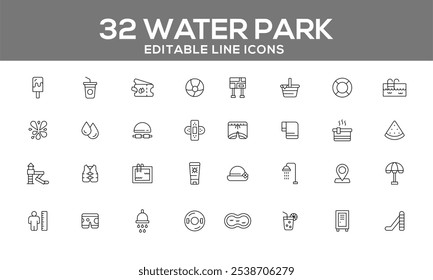 32 Editable Water Park Line Icons for Summer Fun, Pool Activities, and Aquatic Adventures